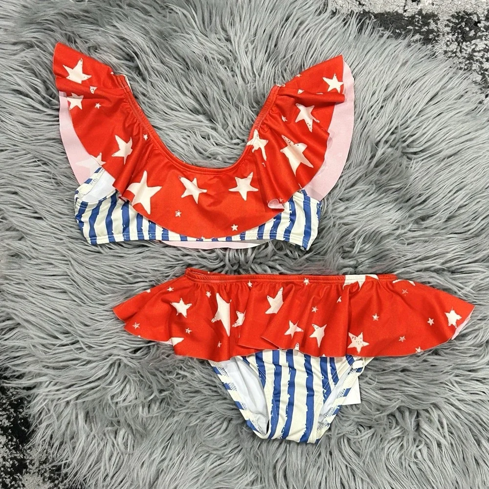 Noé & Zoë Girls Blue Stripes Patriotic Ruffle Bikini UV‎ 50 ($65) 4T